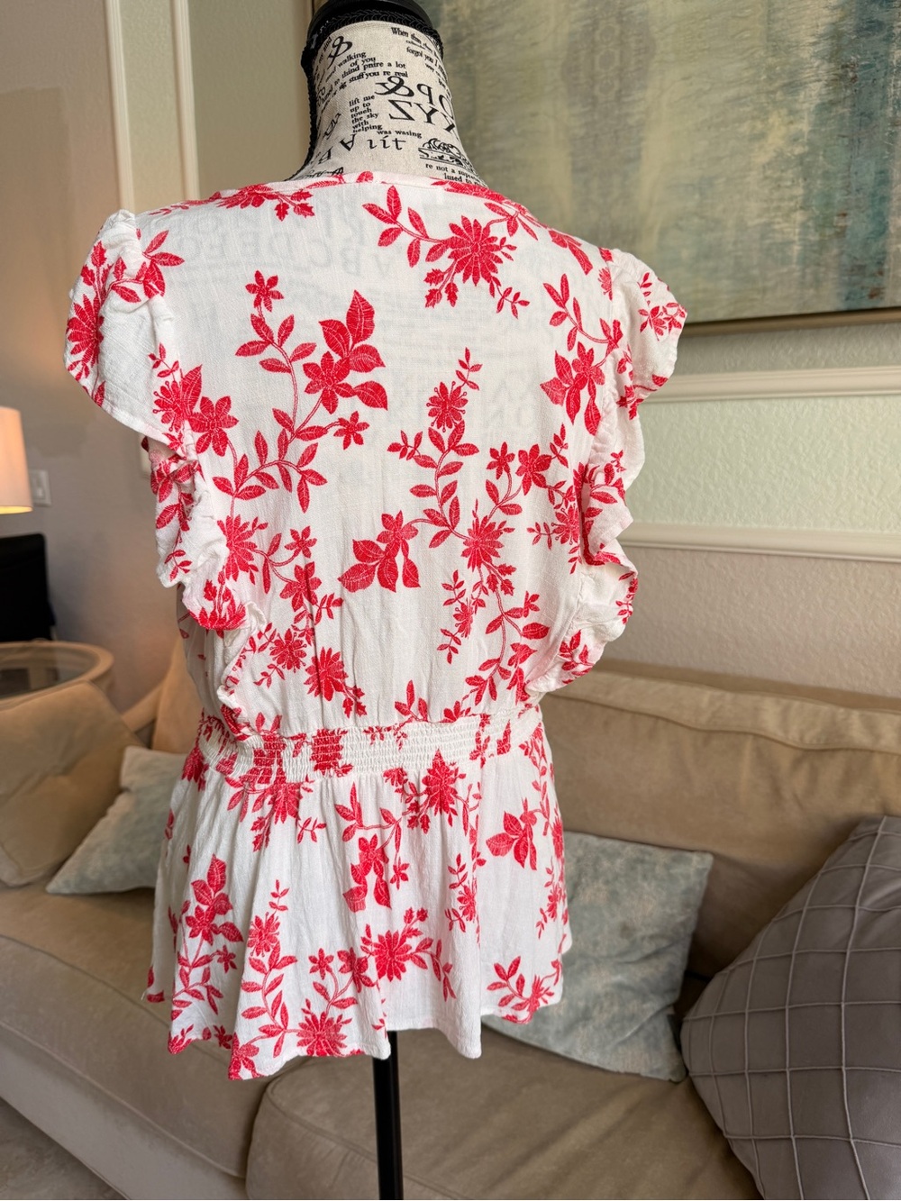 Boho VENUS Red & White Floral O-Ring Tie-Front Blouse - Size 12 - Picture 7 of 12